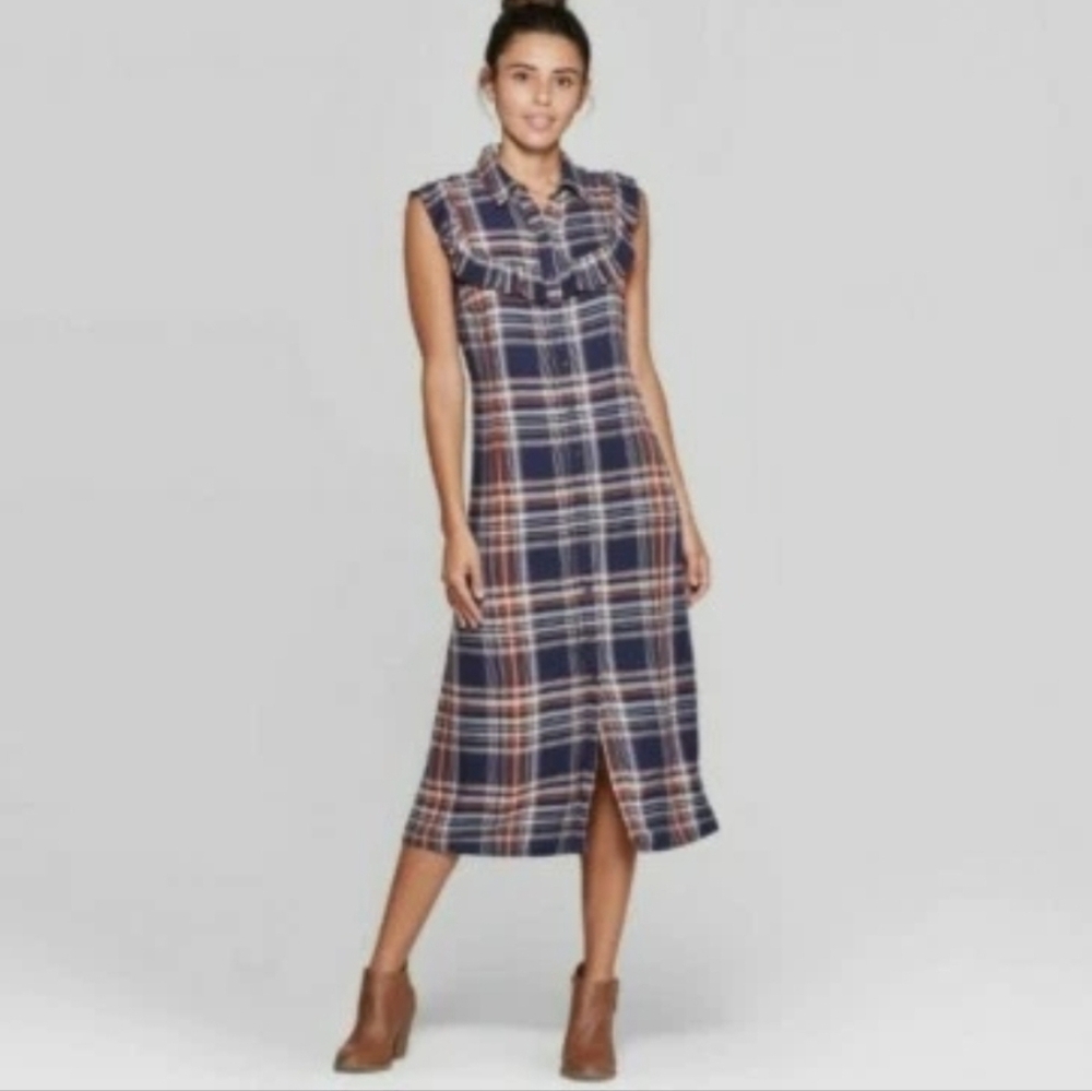 Universal Thread 100% Rayon Plaid Midi Dress Sleeveless Ruffle Button Front Boho